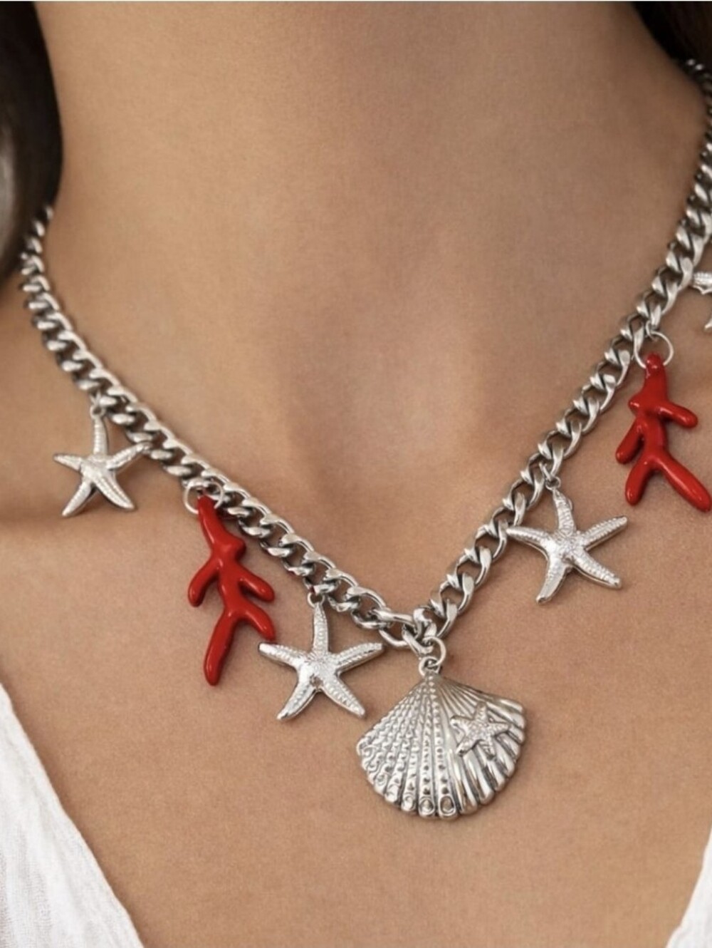 Silver Shell & Red Coral Charm Necklace - Women Jewelry STAINLESS STEEL